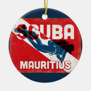 Mauritius Scuba Diver - Blue Retro Ceramic Tree Decoration