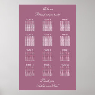 Mauve 12 Table Wedding Seating Chart Poster