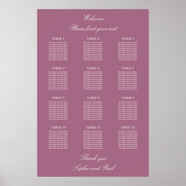 Mauve 12 Table Wedding Seating Chart Poster (Front)