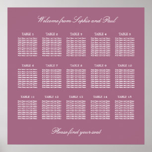 Mauve 15 Table Wedding Seating Chart Poster