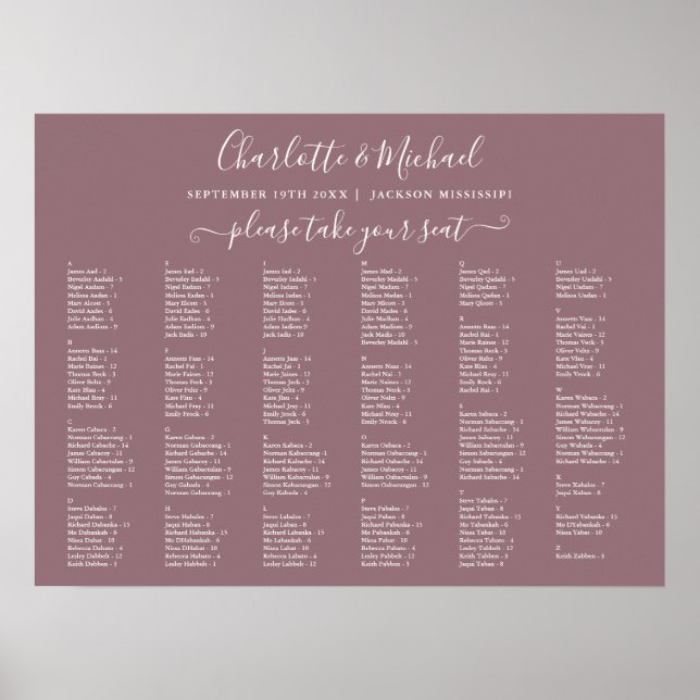 Mauve 200 Names Wedding Seating Chart (Front)