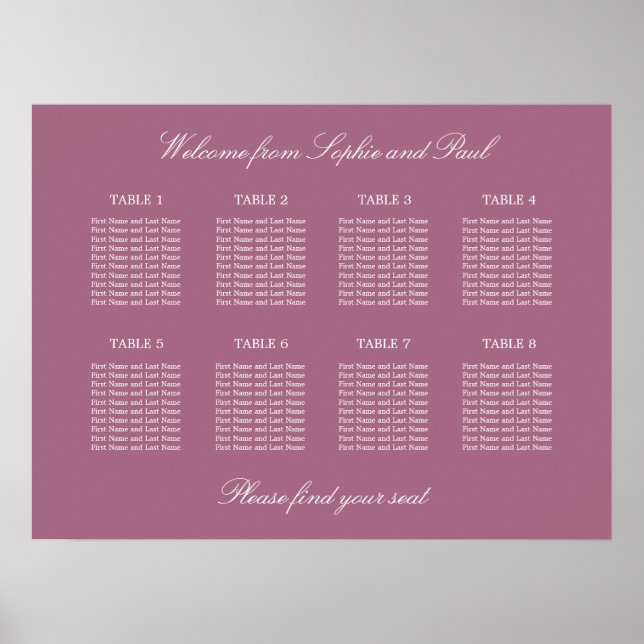 Mauve 8 Table Wedding Seating Chart Poster (Front)