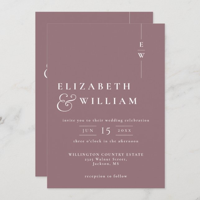 Mauve All In One Modern Monogram Wedding Invitation (Front/Back)