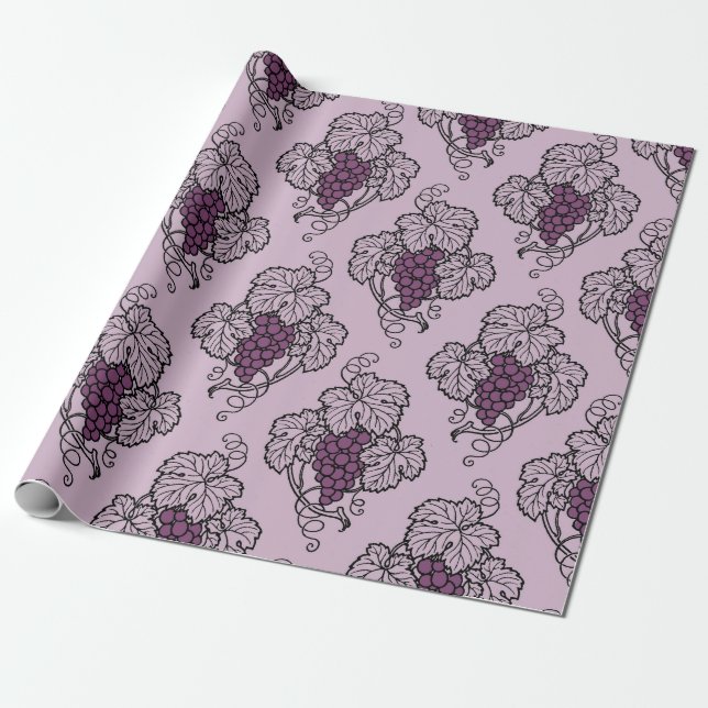 Mauve and Black Vintage Grapes Pattern Wrapping Paper (Unrolled)