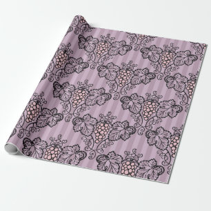 Mauve and Black Vintage Grapes Pattern Wrapping Paper