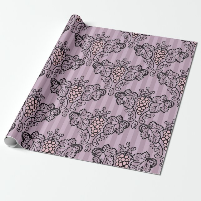 Mauve and Black Vintage Grapes Pattern Wrapping Paper (Unrolled)