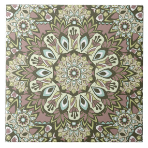 Mauve and Blue Boho Mandala Ceramic Tile