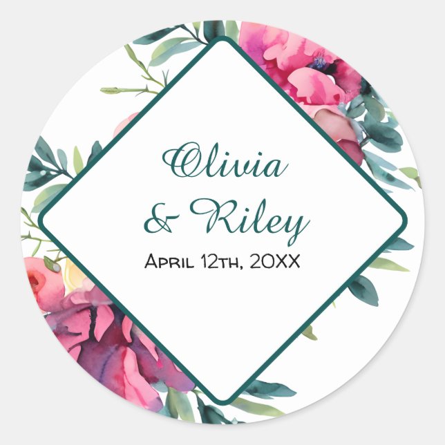 Mauve and Burgundy Floral Wedding RSVP Classic Round Sticker (Front)