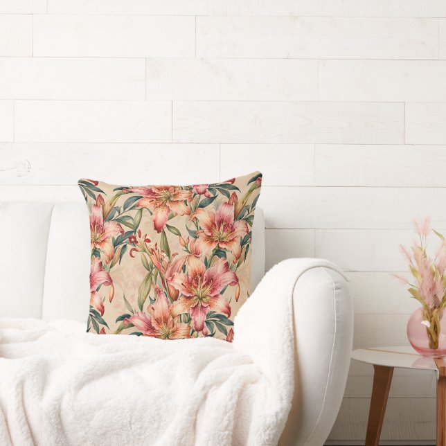 Mauve and Copper Lilies on Tan Cushion (Couch)