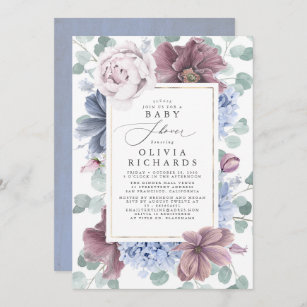 Mauve and Dusty Blue Floral Baby Shower Invitation