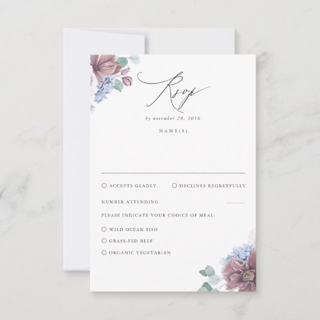 Mauve and Dusty Blue Floral Wedding RSVP (Front)