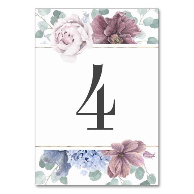 Mauve and Dusty Blue Floral Wedding Table Number (Front)