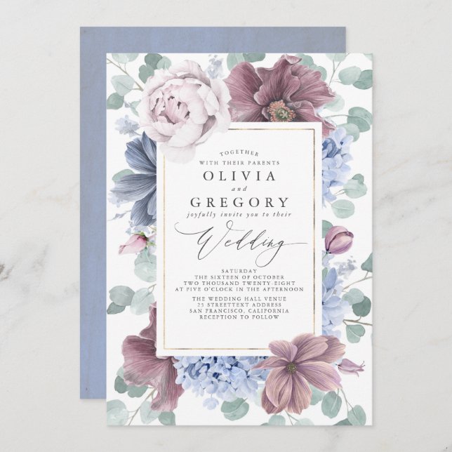 Mauve and Dusty Blue Flowers Elegant Wedding Invitation (Front/Back)