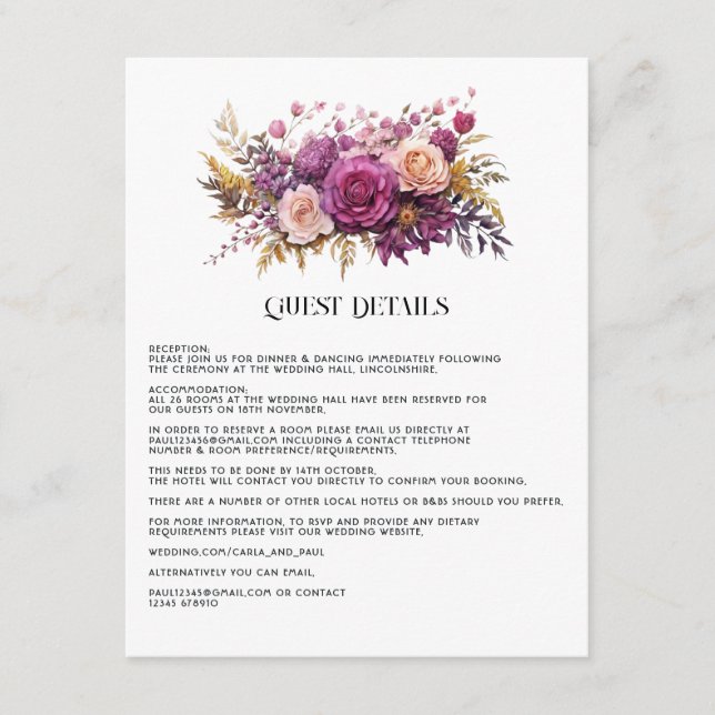 Mauve and Gold Floral Wedding Guest Details Enclosure Card (Front)