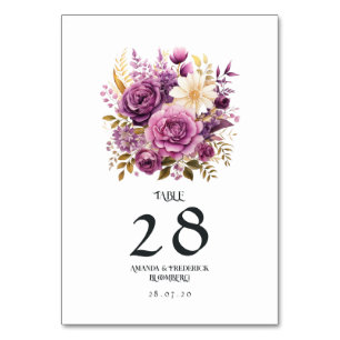 Mauve and Gold Floral Wedding Table Number