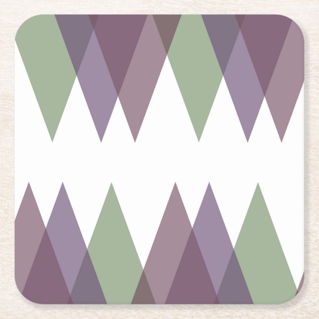 Mauve and green triangles square paper coaster (Front)