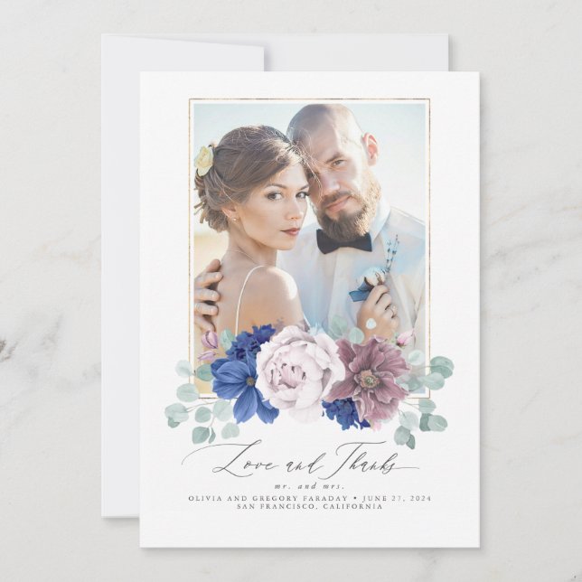 Mauve and Navy Blue Floral Wedding Thank You Card (Front)