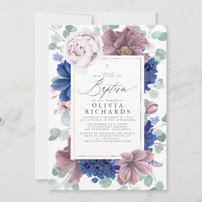 Mauve and Navy Blue Flowers Elegant Baptism Invitation (Front)