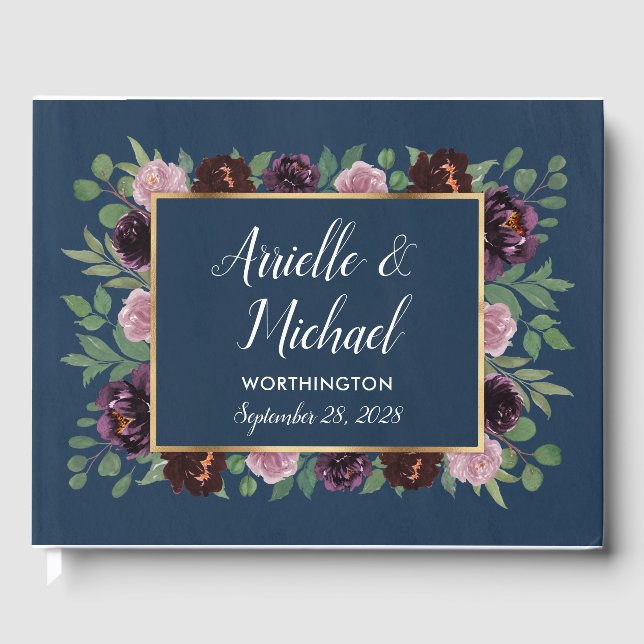 Mauve and Navy Blue Gold Plum Wedding Guest Book (Front)