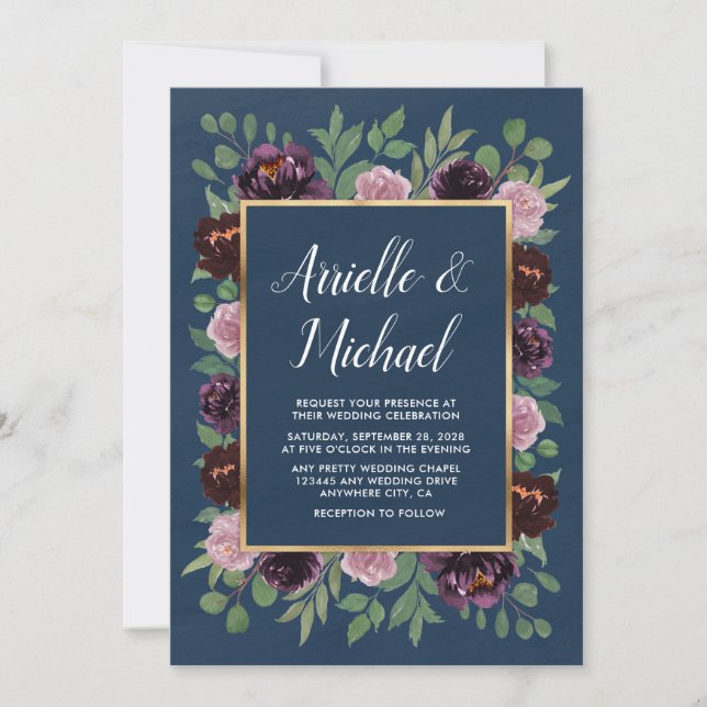 Mauve and Navy Blue Gold Plum Wedding Invitations (Front)