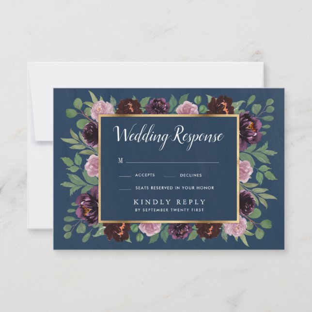 Mauve and Navy Blue Gold Plum Wedding RSVP Cards (Front)