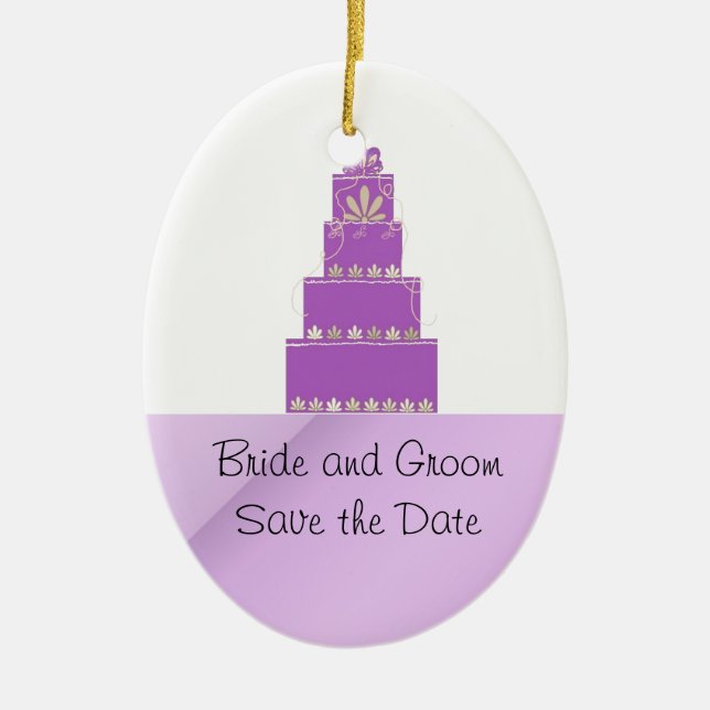 Mauve and Purple Wedding Cake Design Ceramic Tree Decoration (Front)