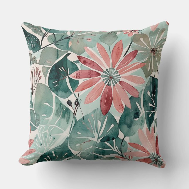 Mauve and Teal Vintage Modern Floral Cushion (Front)