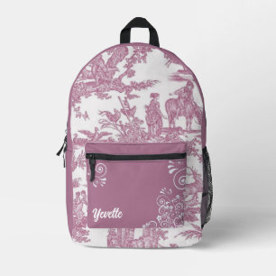 Mauve and White French Toile Pattern Personalised Printed Backpack