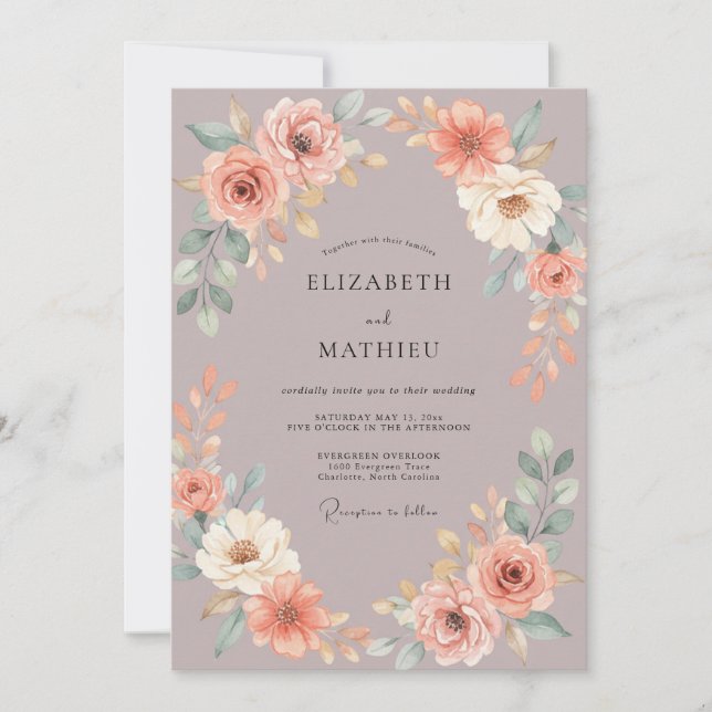 Mauve Apricot Peony Wedding Invitation (Front)