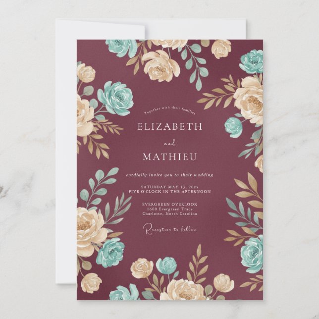 Mauve Aqua Blossom Wedding Invitation (Front)