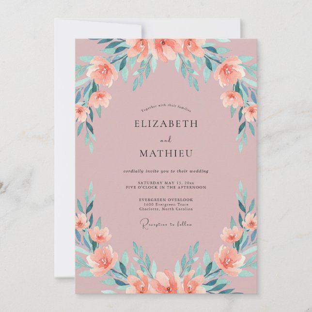 Mauve Aqua Peony Wedding Invitation (Front)