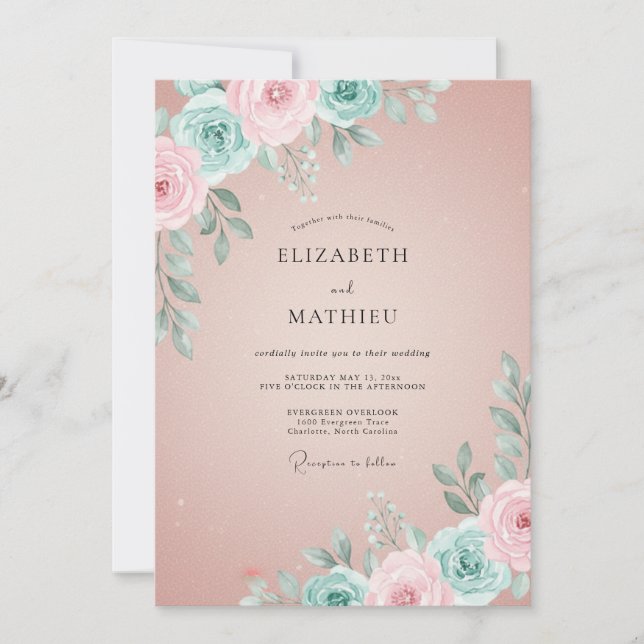 Mauve Aqua Ranunculus Eucalyptus Wedding Invitation (Front)