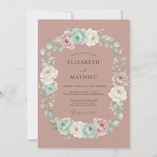 Mauve Aqua Wreath Wedding Invitation (Front)