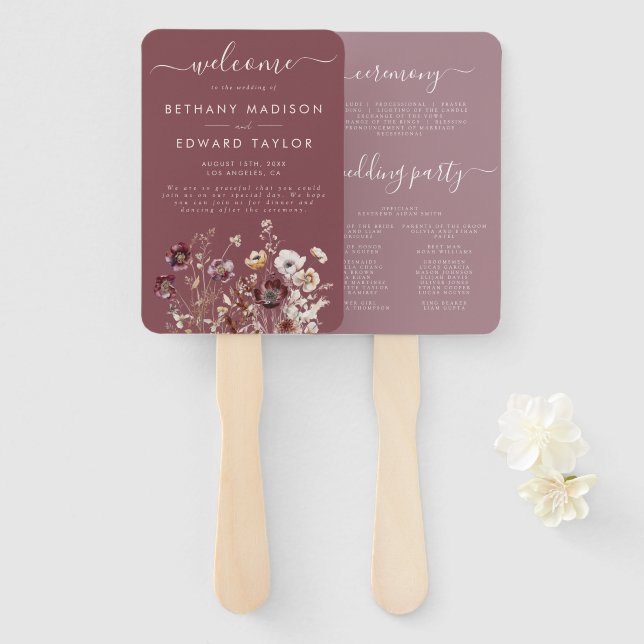 Mauve Autumn Floral Wedding Program Hand Fan (Front and Back)