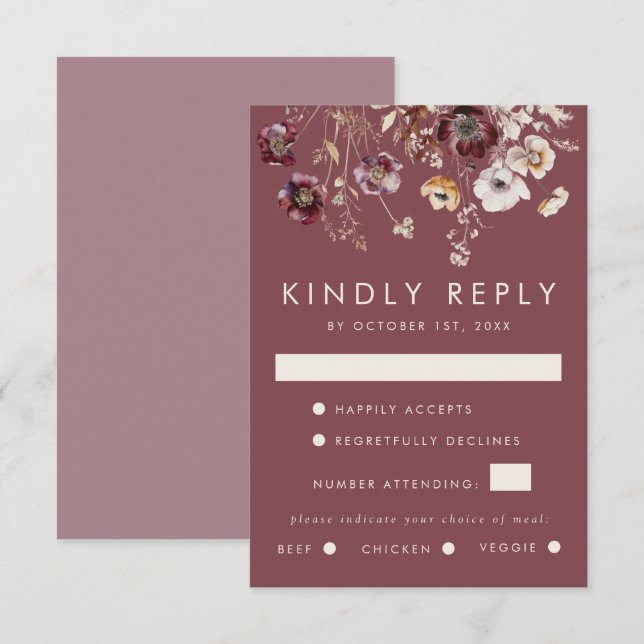 Mauve Autumn Floral Wedding RSVP Card (Front/Back)