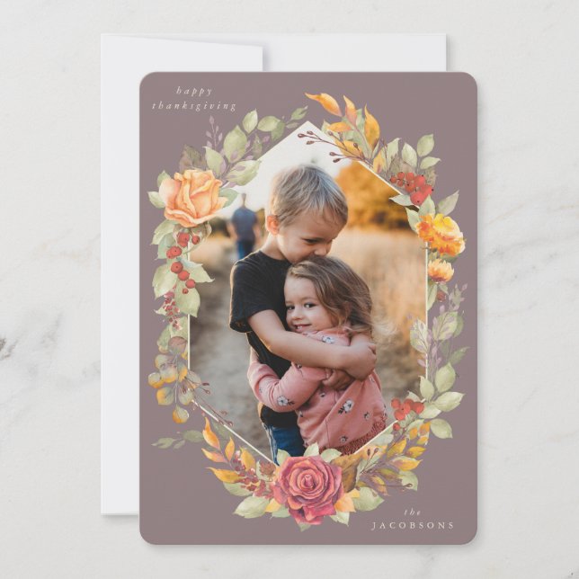 Mauve Autumnal Florals Thanksgiving Photo Card (Front)