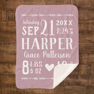 Mauve Baby Girl Birth Stats Editable Colours Sherpa Blanket