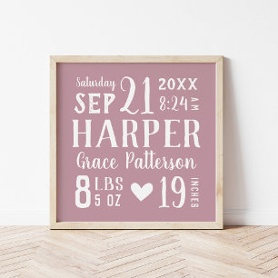 Mauve Baby Girl Birth Stats Keepsake Poster