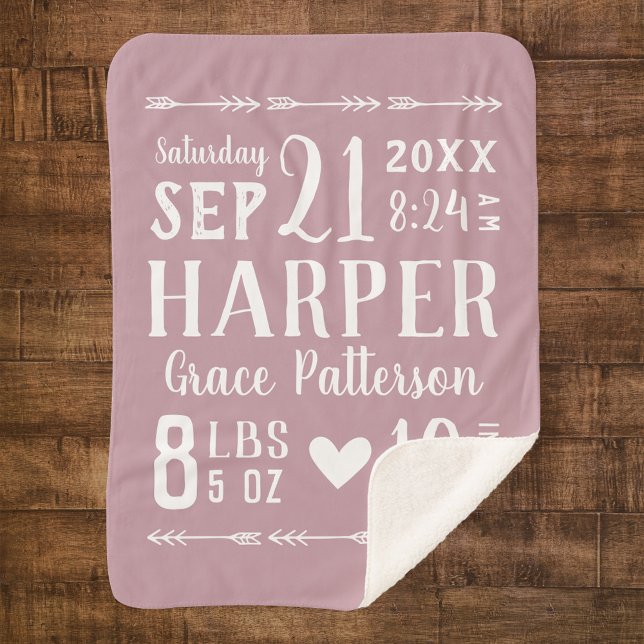 Mauve Baby Girl Birth Stats Keepsake Sherpa Blanket (Creator Uploaded)