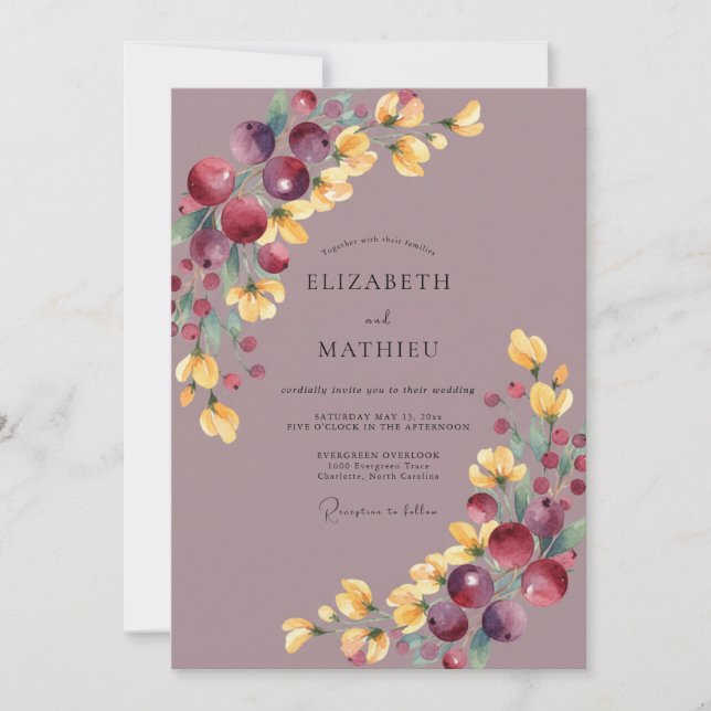 Mauve Berry Blossom Wedding Invitation (Front)