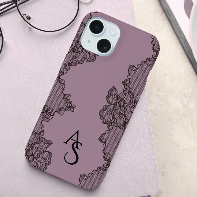 Mauve Black Floral Lace Monogrammed  iPhone 15 Case (Creator Uploaded)