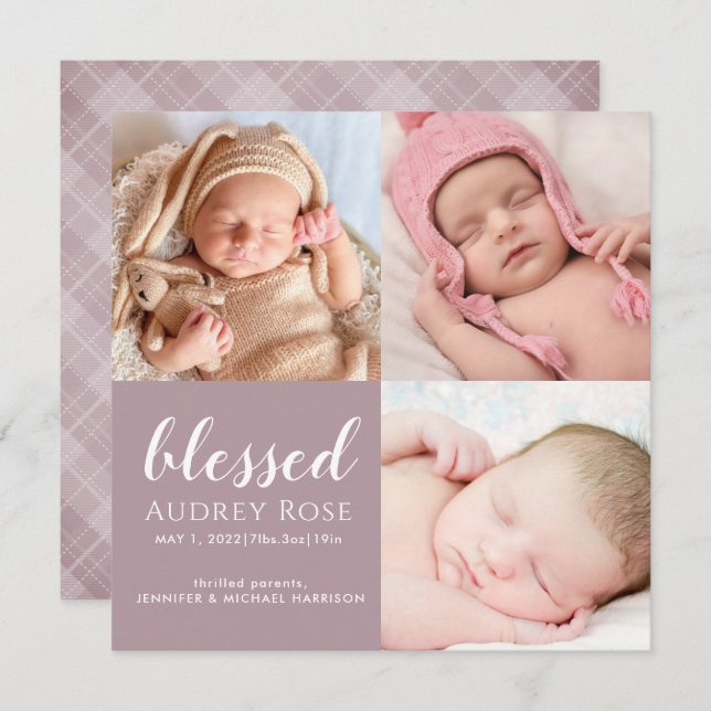 Mauve Blessed Baby Three Photo Collage Plaid Birth Announcement (Front/Back)