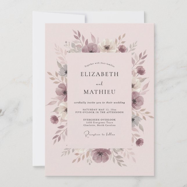 Mauve Blossom Artistic Wedding Invitation (Front)