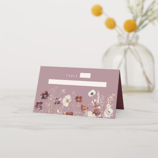 Mauve Boho Fall Wildflower Wedding Place Card (Front)