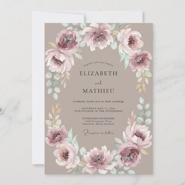 Mauve Botanical Flourish Wedding Invitation (Front)