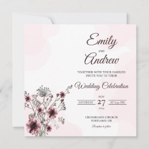 Mauve Botanical Watercolor Floral Square Wedding Invitation