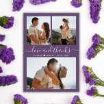 Mauve Budget Photo Collage Wedding Thank You Card<br><div class="desc">Budget Modern Elegant "Love and Thanks" Script Mauve Wedding 3 Photo Collage Thank You Low Budget Affordable Cheap Thin Card. You can upgrade to have this card printed on cardstock. Featuring three (3) photo on the front and one (1) photo on the back. With the text "Love and thanks" in...</div>