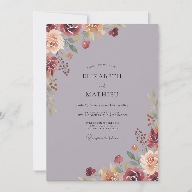 Mauve Burgundy Leaf Wedding Invitation (Front)
