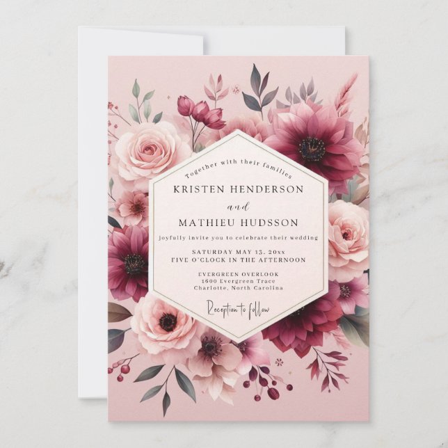 Mauve Burgundy Lush Bloom Wedding Invitation (Front)