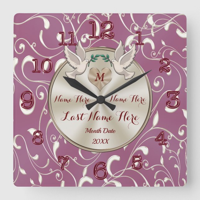 Mauve, Champagne Colour Wedding Clock Personalised (Front)